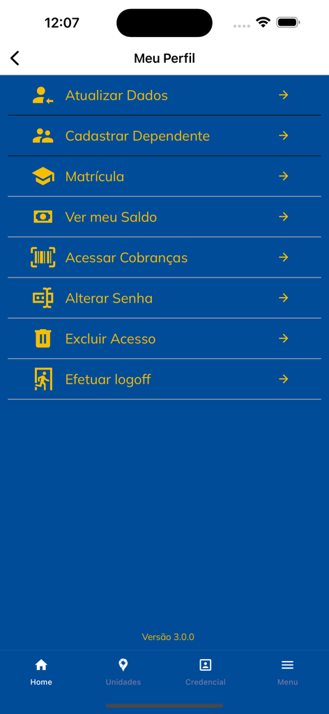 Menu del profilo utente nell'app mobile SESC PE che mostra le opzioni per aggiornamenti dell'account, registrazione dipendenti e gestione iscrizioni.