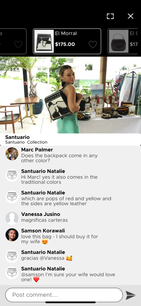 Interactive live shopping screen on the Runway Buy app showing a boutique backpack and real-time customer comments