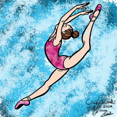 gymnast doing a leap in a leotard with a bent back leg