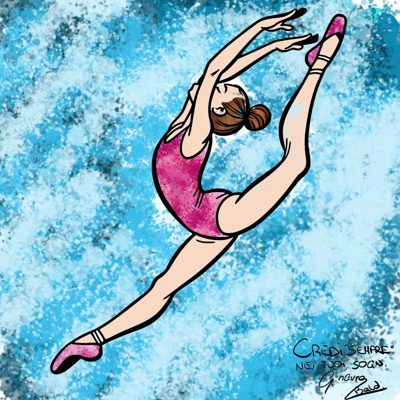 gymnast doing a leap in a leotard with a bent back leg