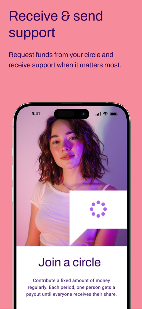 TANDA app interface explaining how to join a community savings circle to receive and send financial support