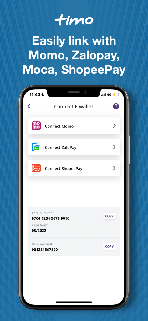 Timo Digital Bank by BVBank - Timo Digital Bank app screen showing options to link Vietnamese e-wallets including Momo and ZaloPay