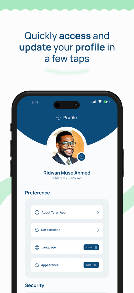 Taran App - Taran App user profile screen showing account preferences and settings
