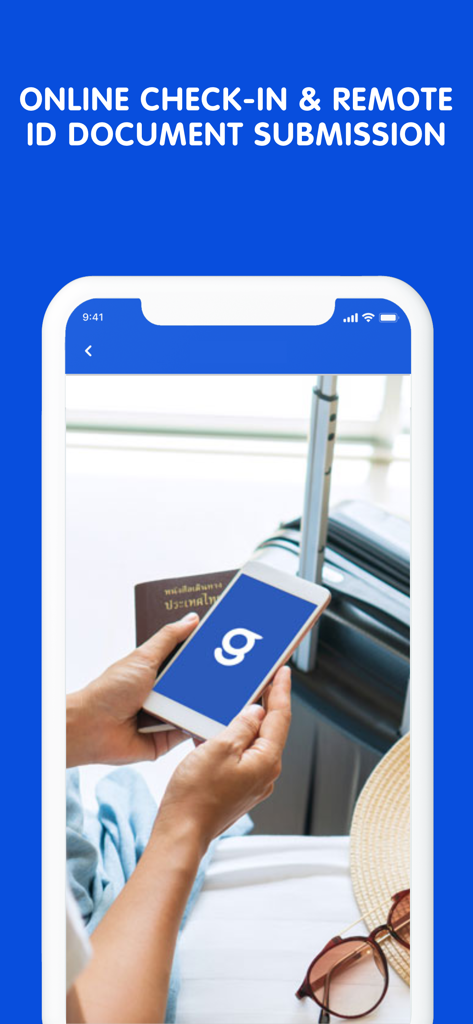 A smartphone with the GoodID logo next to a passport and luggage for remote identity verification and hotel check-in
