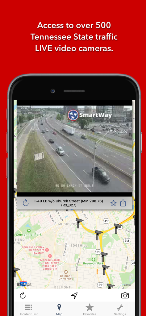 Screenshot of the Tennessee State Roads app showing a live traffic camera feed of I-40 in Nashville overlaid on a local map.