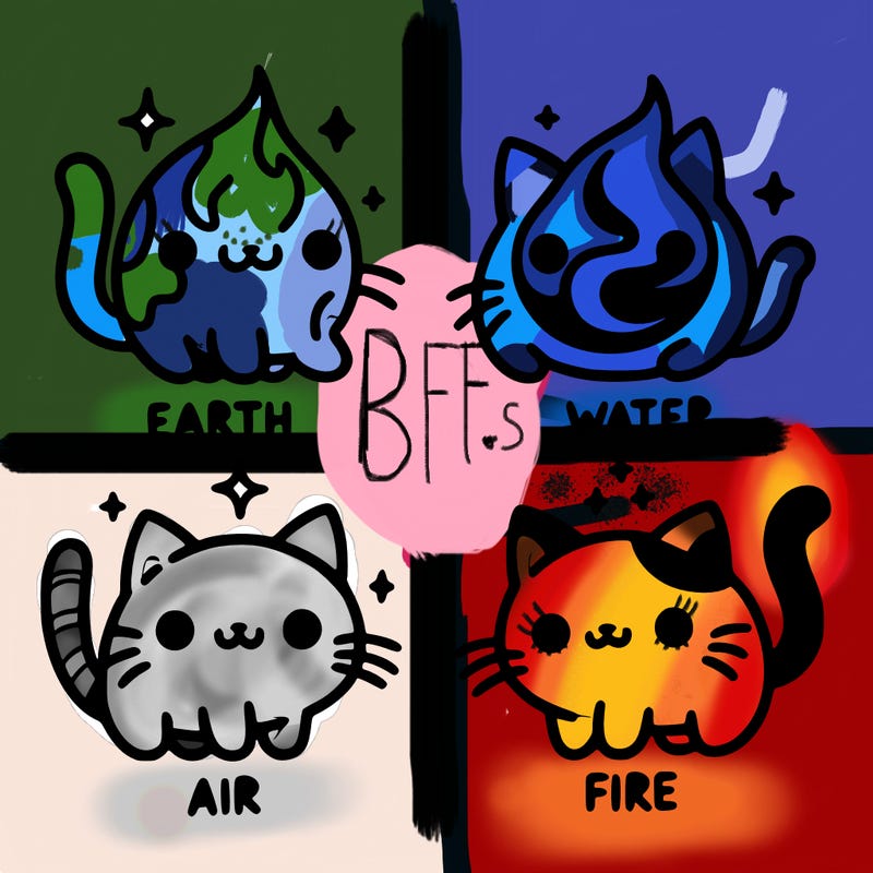 4 cats that represent the different elements, earth, water, air, and fire