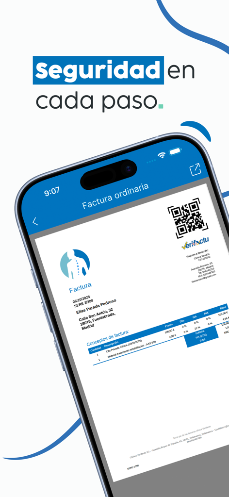 A digital medical invoice shown on a smartphone screen within the Archivex Clinical app emphasizing security.