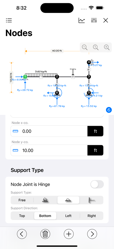 A-Frame - Node coordinates and support type selection screen in A-Frame structural analysis app