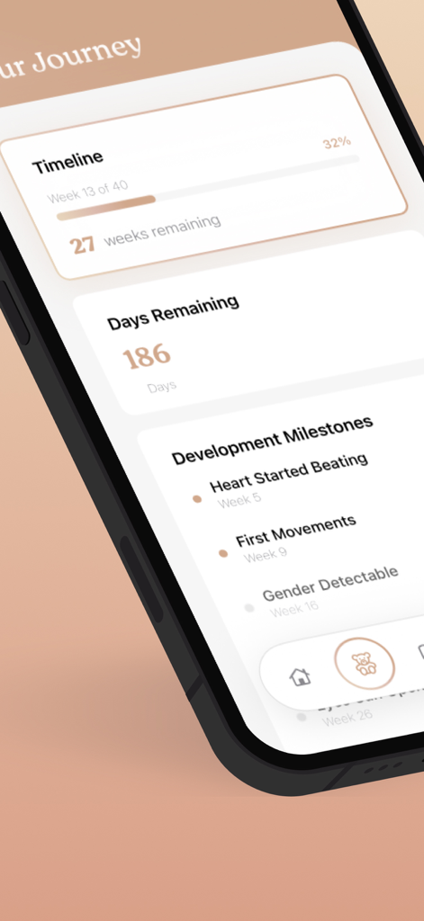 Nine+ Pregnancy Tracking - Un panel de rastreo de embarazo minimalista que muestra una barra de progreso de la línea de tiempo, una cuenta regresiva de los días restantes y los hitos del desarrollo del bebé.
