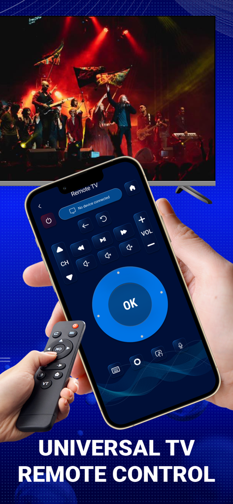 Tela do iPhone mostrando a interface do controle remoto universal da TV do aplicativo AirPlay Mirroring.