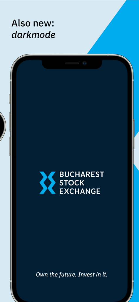 L'écran d'accueil de l'application mobile de la Bourse de Bucarest montrant le logo de la marque sur fond sombre avec une annonce pour le mode sombre.