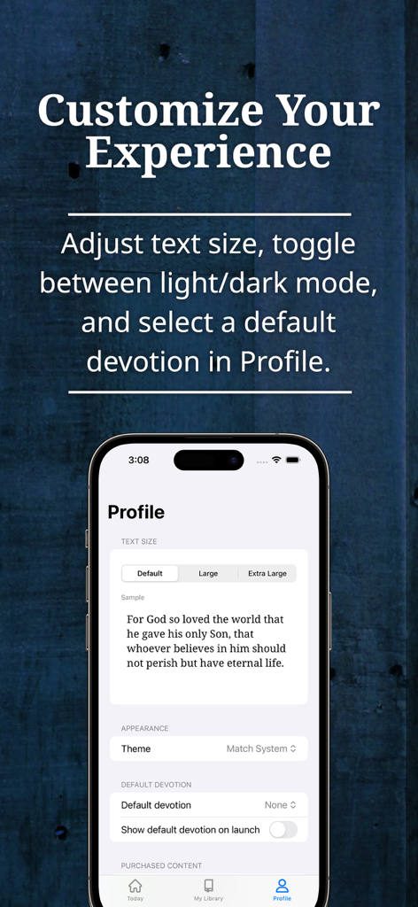 InPrayer by CPH - InPrayer app settings menu for adjusting text size and appearance themes.
