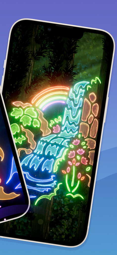 Dream Hopper - A glowing neon landscape featuring a waterfall and rainbow in a dreamlike forest setting.