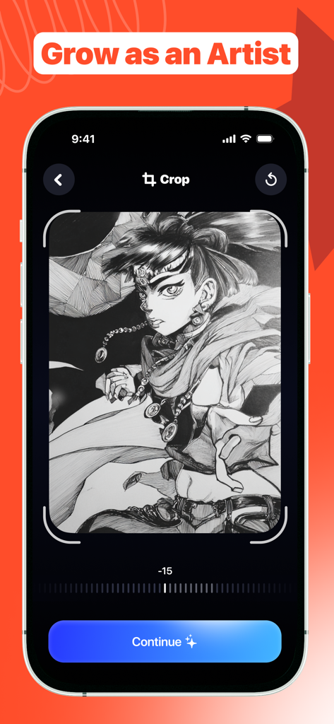 Dro: Learn How to Draw & Focus - A smartphone screen of the Dro app showing a cropping tool over a detailed character drawing