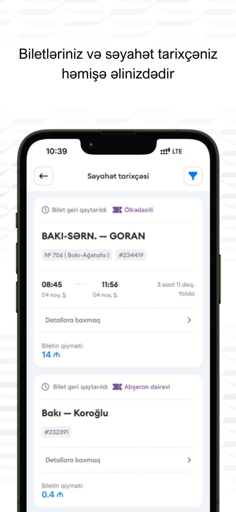 Pantalla de historial de viajes de la aplicación ADY Mobile que muestra una lista de billetes de tren comprados y detalles del viaje.