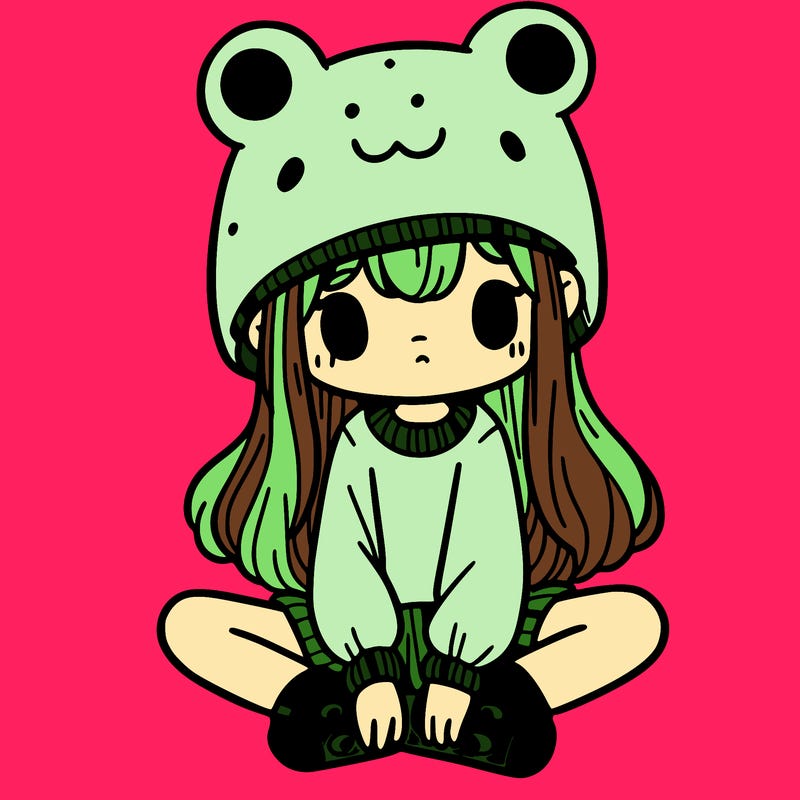 a girl wearing a frog hat and some frog socks