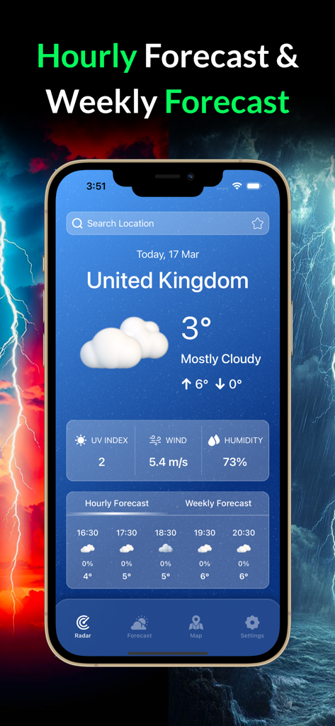 Interface de aplicativo meteorológico mostrando previsões horárias e semanais com temperatura, índice UV e velocidade do vento