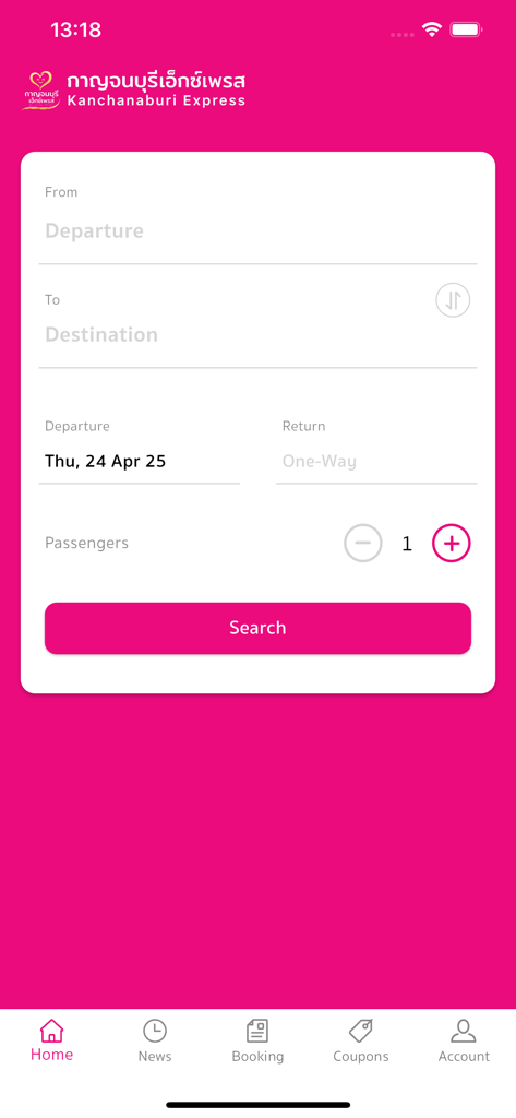 Startbildschirm der Kanchanaburi Express App mit einem Suchformular für die Buchung von Bus- und Van-Tickets in Thailand