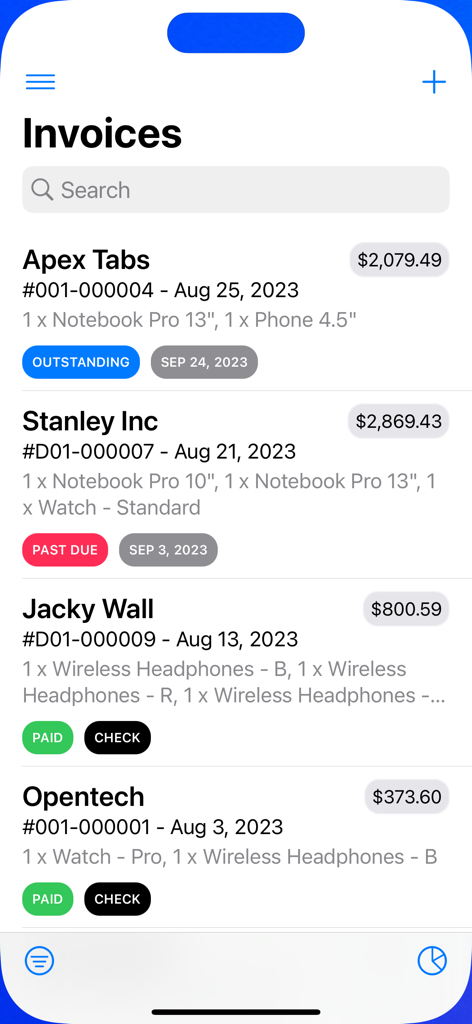 Interfaz de la aplicación móvil que muestra una lista de facturas comerciales con etiquetas de estado de pago