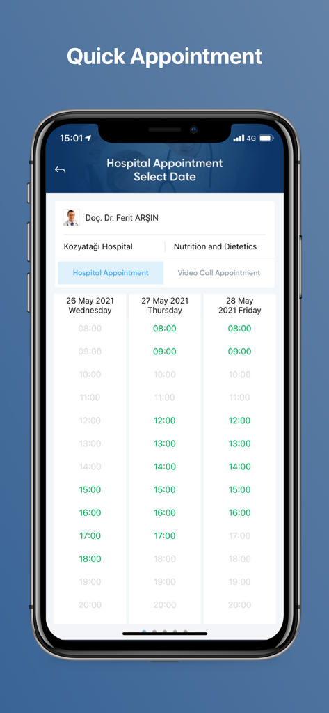 Interfaz para seleccionar una fecha y hora para una cita médica en la aplicación Acibadem.