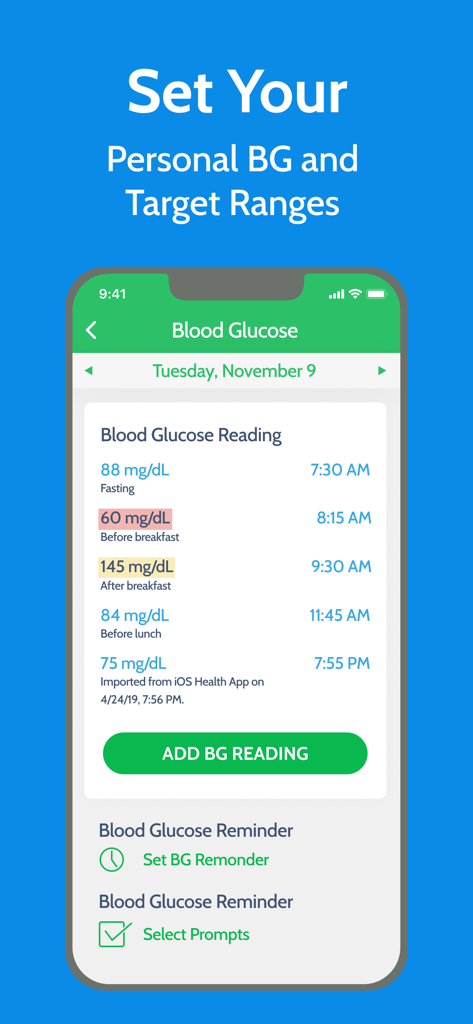 Diabetes Tracker by MyNetDiary - Pantalla de la aplicación Diabetes Tracker que muestra una lista diaria de lecturas de glucosa en sangre y rangos objetivo
