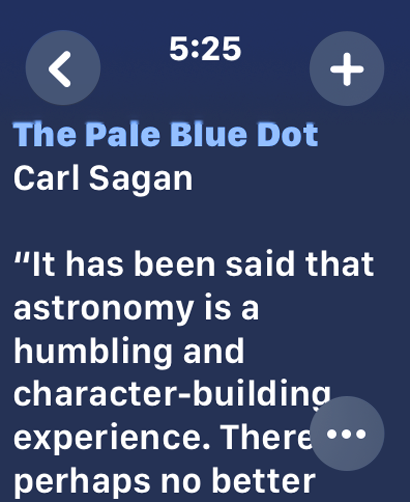 Tot Mini app interface on an Apple Watch showing a note with a quote from Carl Sagan's The Pale Blue Dot