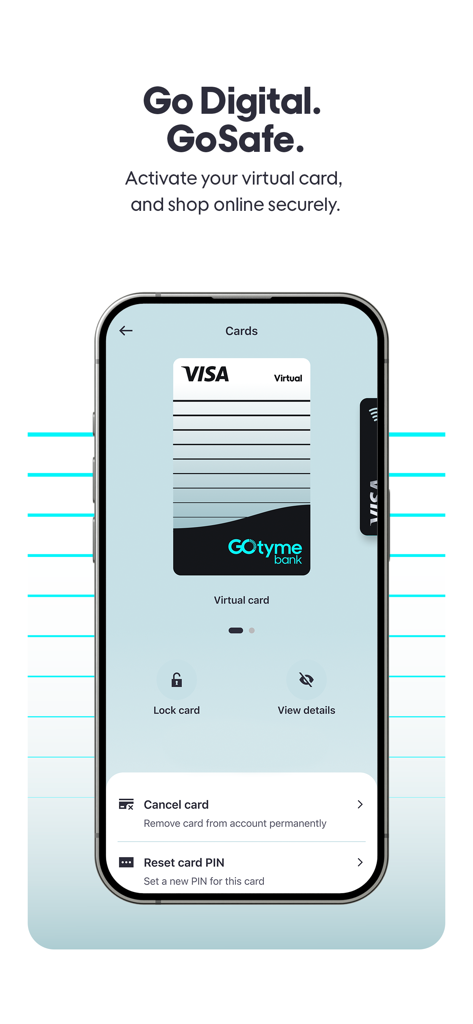 GoTyme Bank mobile app screen showing options to activate and manage a virtual Visa card for secure online shopping.