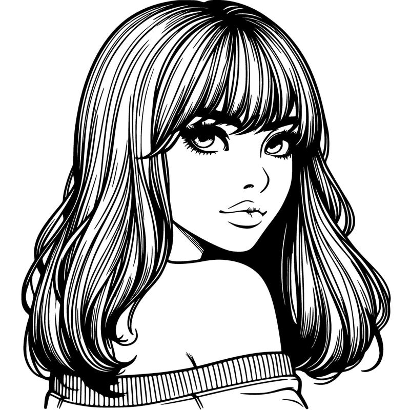 realistic girl with bangs looking over her shoulder