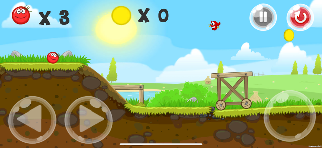 Brave Ball (Game Troll) - Roter Ball-Held steht auf einem grasbewachsenen Hügel in einem sonnigen Plattformer-Level