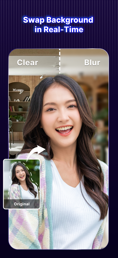 Vozo AI Video Maker | Blink - A comparison showing the real-time background blur and swap feature in Vozo AI Video Maker.