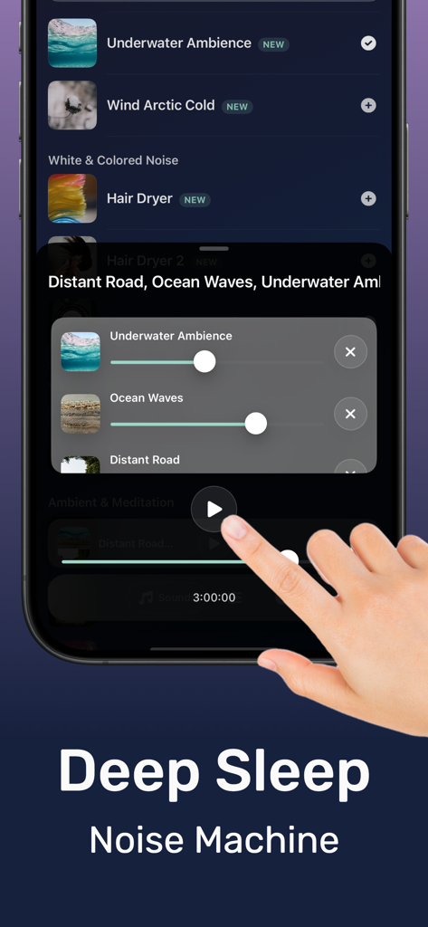 백색 소음기 앱 인터페이스에서 사용자 정의 사운드 믹싱 및 수면 타이머 표시