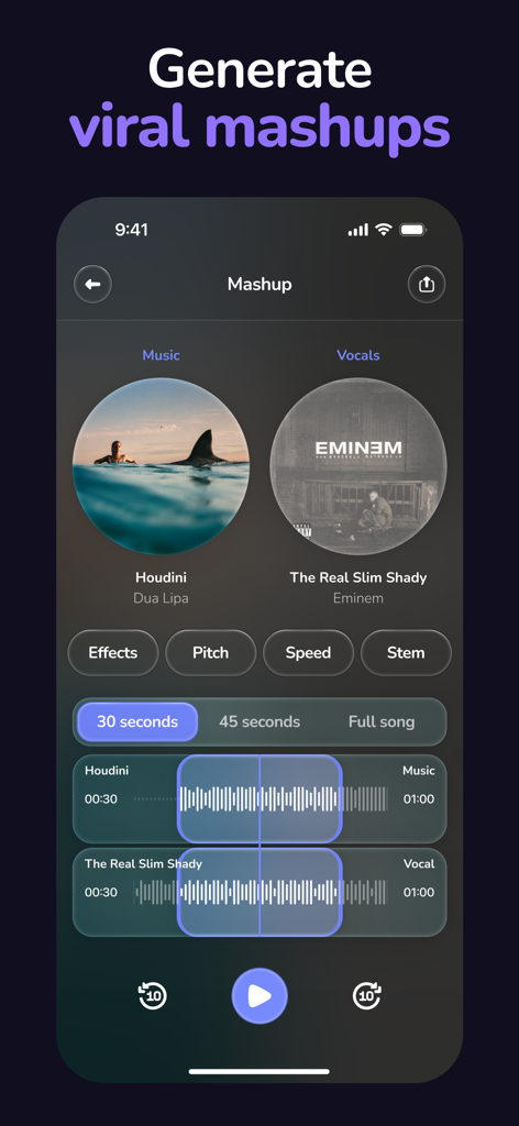 AI DJ - Mashup Maker Vocal - AI DJ app interface showing the creation of a viral mashup between two popular songs with waveform editing tools