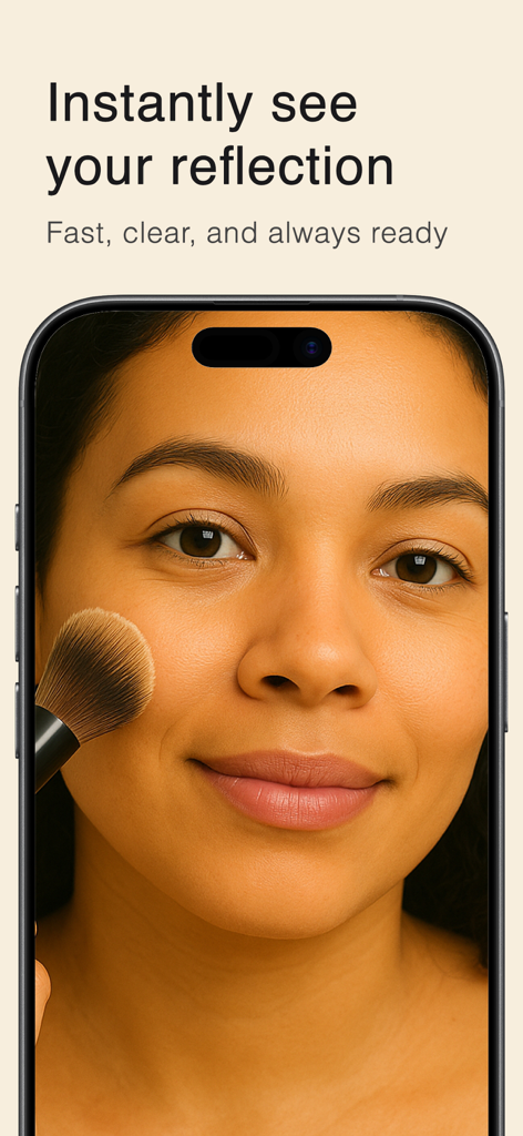 A Real Mirror - Mujer usando la aplicación Un Espejo Real para aplicarse maquillaje con una brocha en su teléfono