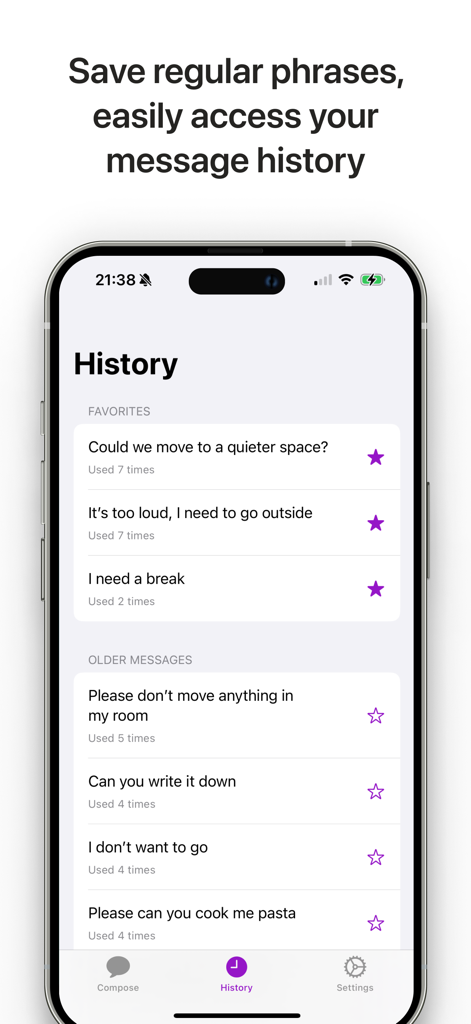 UnMute Me App zeigt den Nachrichtenverlauf und die bevorzugten Phrasen für eine einfache Kommunikation an