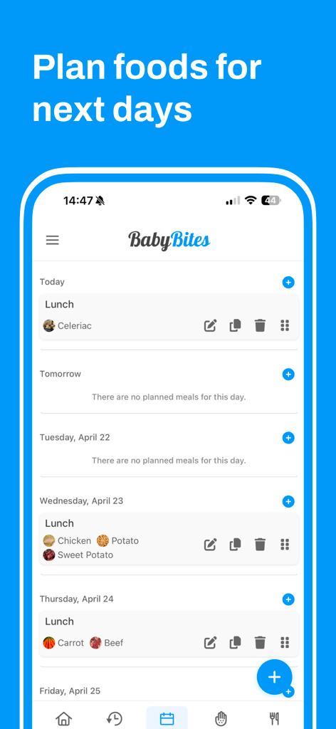 BabyBites - First baby foods - Interface of the BabyBites app showing a daily meal planner for tracking a baby's first solid foods and ingredients.