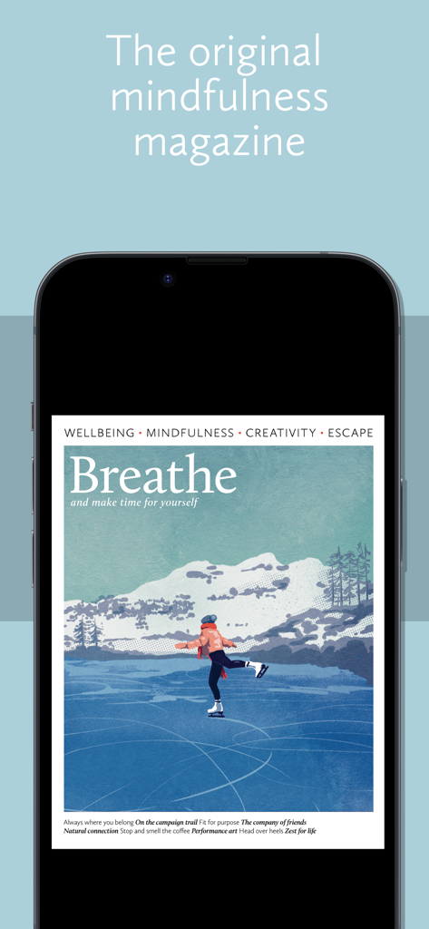 Pantalla de smartphone que muestra la portada de la revista Breathe con una ilustración de un patinador sobre hielo en un lago helado