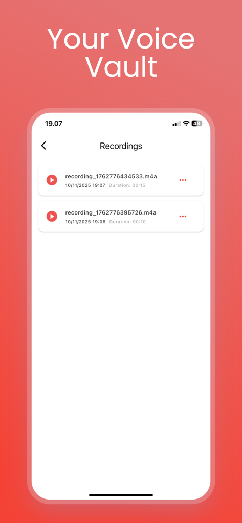 Voice Reverser & Recorder - Una lista de grabaciones de audio guardadas en la bóveda de grabaciones de la aplicación Voice Reverser