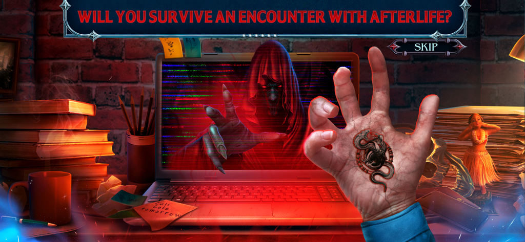 City Legends: The Curse - A ghostly figure emerges from a laptop screen toward a hand with a mysterious snake mark in a horror mystery game