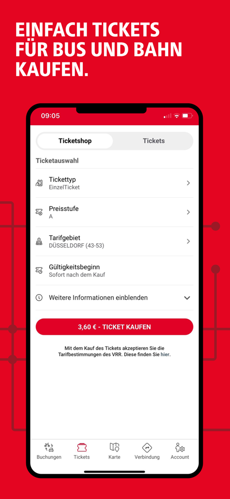 redy - Oberfläche für den Kauf von Bus- und Bahntickets in der redy Mobilitäts-App