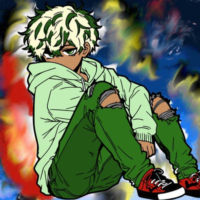 a male hoddie ripped jeans messy hair anime