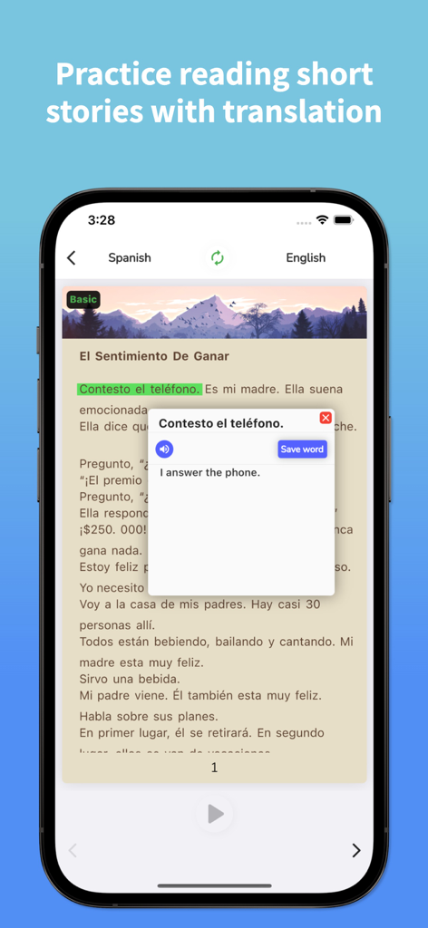 Spanish Translator - EsGot - Oberfläche der mobilen App zeigt eine spanische Kurzgeschichte mit einem interaktiven Übersetzungs-Popup für einen hervorgehobenen Satz.