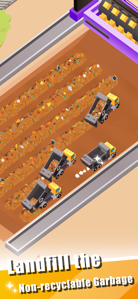 Garbage Tycoon - Idle Game - Camiones volquete amarillos desechando residuos no reciclables en una zanja de vertedero dentro del juego inactivo Garbage Tycoon.