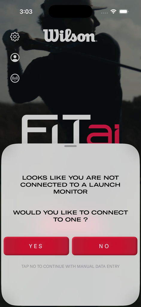 FiT ai: Wilson Club Fitting - Wilson FiT ai app prompt to connect to a golf launch monitor or continue with manual data entry