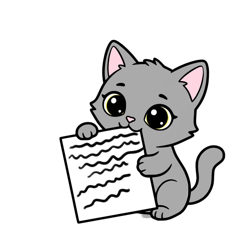 a small cat with a blank sheet of paper in its hand. the cat is sooooooo cute!