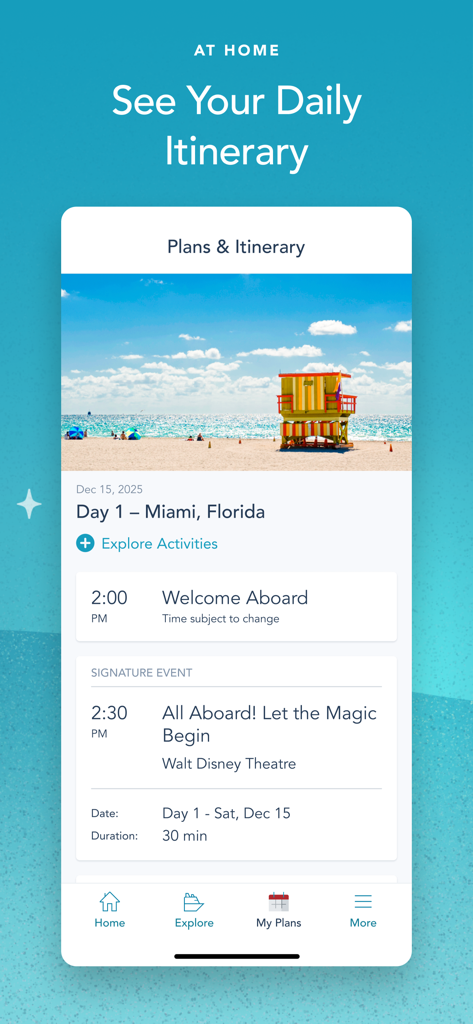Disney Cruise Line Navigator - A screenshot of the Disney Cruise Line Navigator app showing the daily itinerary for a cruise departure from Miami Florida.