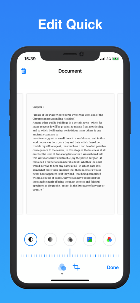 Document Scanner · Scan to PDF - さまざまな強化ツールを使用して、スキャンされたドキュメントのクイック編集モードを表示するスマートフォンの画面。