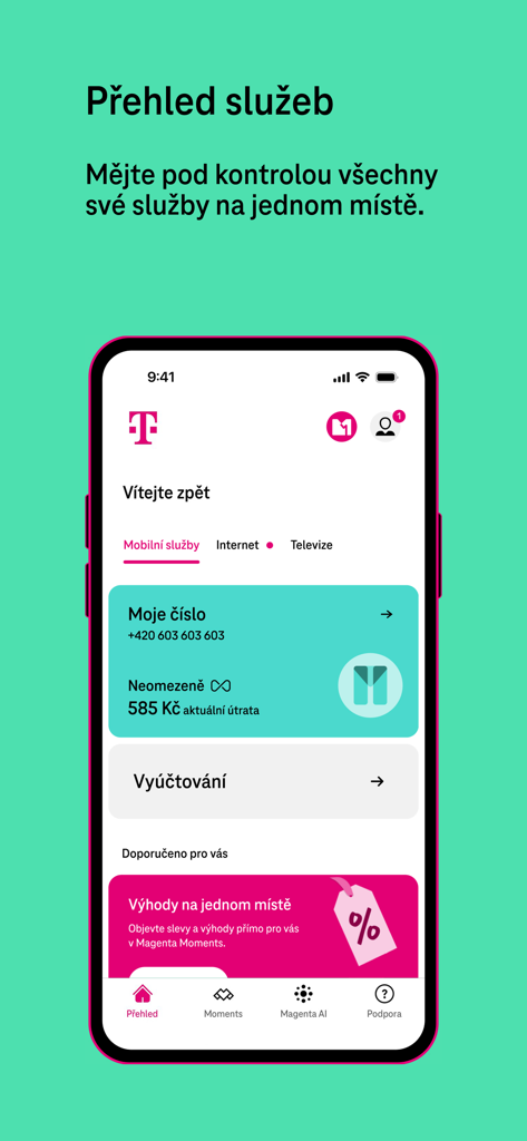Interfaz de la app Muj T-Mobile mostrando el panel de resumen de servicios con detalles de gastos de cuenta y facturación