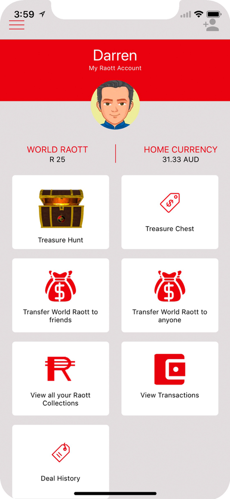 World Raott Treasure Hunt app user account dashboard showing digital currency balances and navigation tiles for treasure hunting and asset management