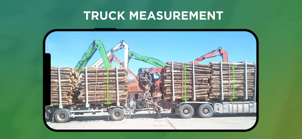 Timbeter app interface showing digital truck measurement of timber logs on a vehicle