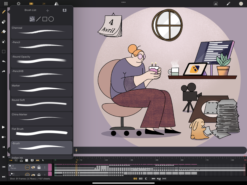 Callipeg: 2D Animation App - Interface of Callipeg 2D animation app on iPad showing brush selection and a character scene